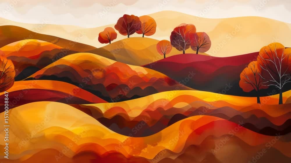 Poster Vibrant Abstract Fall Hills with Fiery Trees in Layered Amber and Deep Red Brushstroke Textures