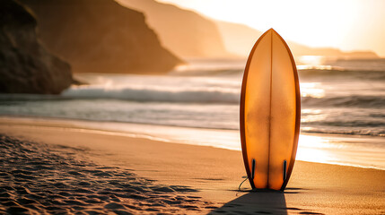 surfboard on beach at sunset summer background