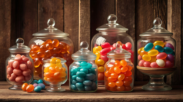 Colorful sweet candy jelly beans in a glass jar