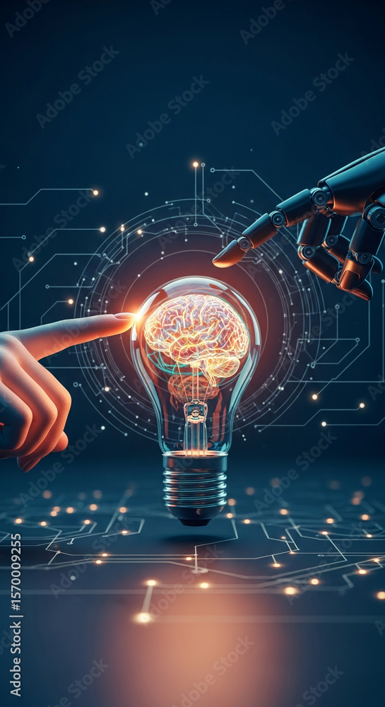 Poster Human and robotic hands interact with a glowing lightbulb containing a brain, symbolizing AI collaboration and innovation in technology