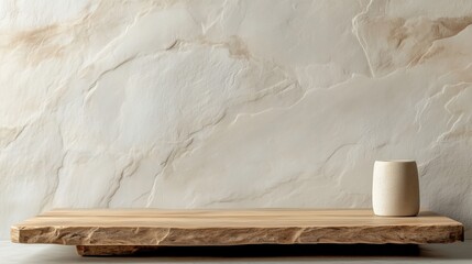 Natural wood serving board with ceramic cup on textured background showcasing minimalistic design aesthetic