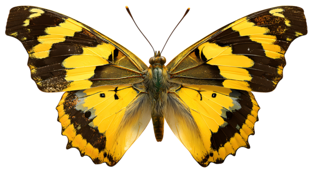A yellow butterfly with black and white markings