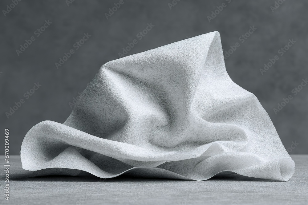Poster soft white fabric draped on a gray surface creating elegant folds and textures in a minimalist setti