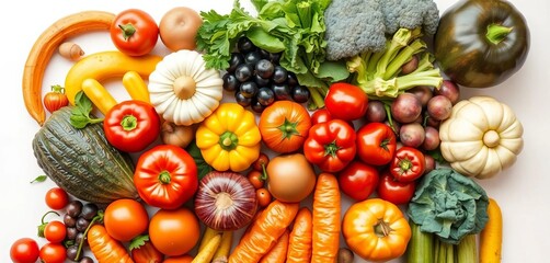 Vibrant assortment of fresh fruits and vegetables arranged on pristine white background, harvest, colorful food