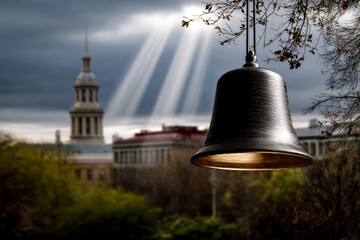 An old brass bell hangs from a tree branch under dramatic rays of light, with a building in the background.