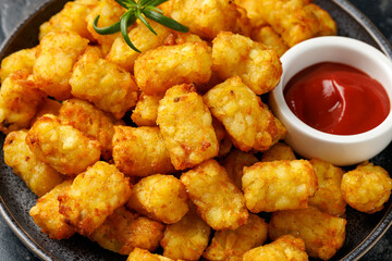 Homemade Baked Fried Tater tots Potatoes with Ketchup