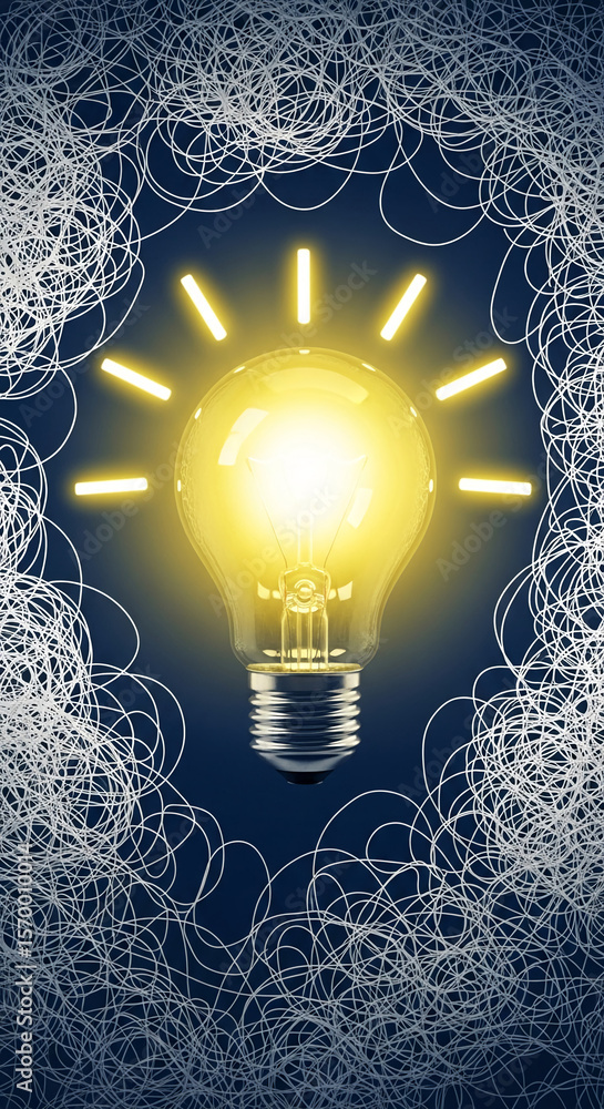 Poster bright lightbulb glows, surrounded by chaotic lines symbolizing problem-solving, idea generation, an