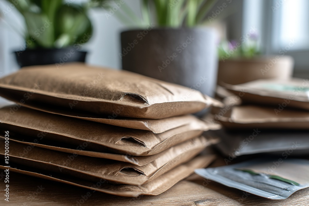 Poster packages of various sizes arranged neatly on a wooden table with green plants in the background