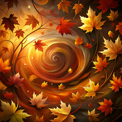 Autumnal swirling maple leaves in a vibrant autumnal scene. Whimsical design with a spiral effect. Artistic display of foliage in a fantasy style. Digital painting -