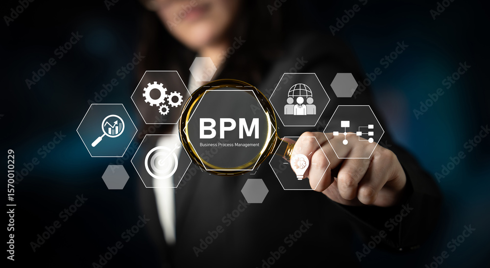 Poster business process management concept showing workflow analysis, process optimization, team collaborat
