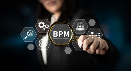 Business Process Management concept showing workflow analysis, process optimization, team...
