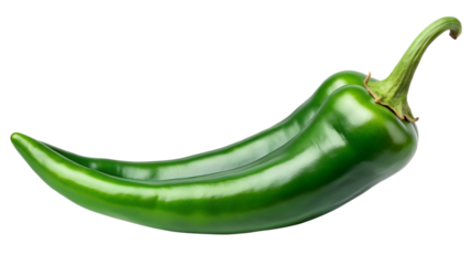 A single green chili pepper is isolated on transparent background