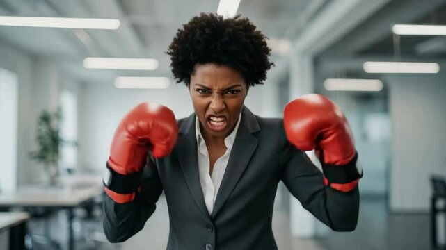 Confident Businesswoman Ready to Fight - A determined businesswoman wearing a dark suit and red boxing gloves stands in a modern office, her fierce expression conveying strength and resilience.
