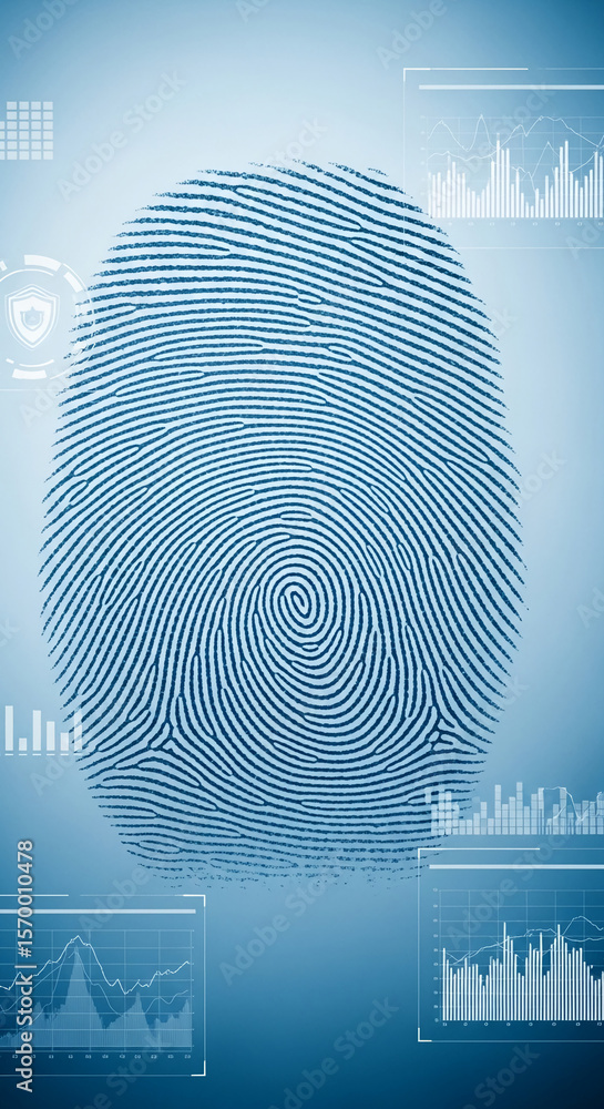 Poster large blue fingerprint scan on digital background with graphs, symbolizing security, identity, and d