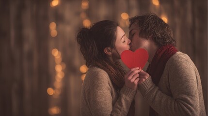 The couple sharing a kiss while holding a heart-shaped cutout.