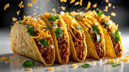 Four golden hardshell tacos with seasoned filling