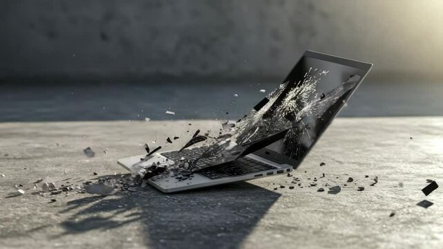 Exploding Laptop Screen - A shattered laptop explodes into pieces, with fragments scattering across a gray surface. The screen is completely broken, and the keyboard is also damaged.