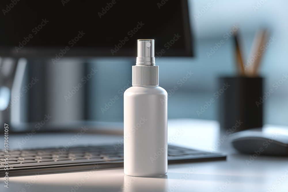 Poster simple white spray bottle on a desk near a computer and keyboard in a modern office setting during d