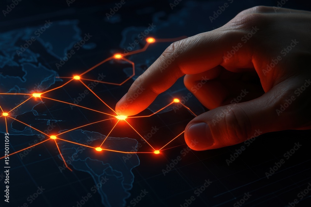 Poster global network connection: a human finger interacts with a glowing network of interconnected points 