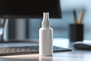 Simple white spray bottle on a desk near a computer and keyboard in a modern office setting during daylight hours