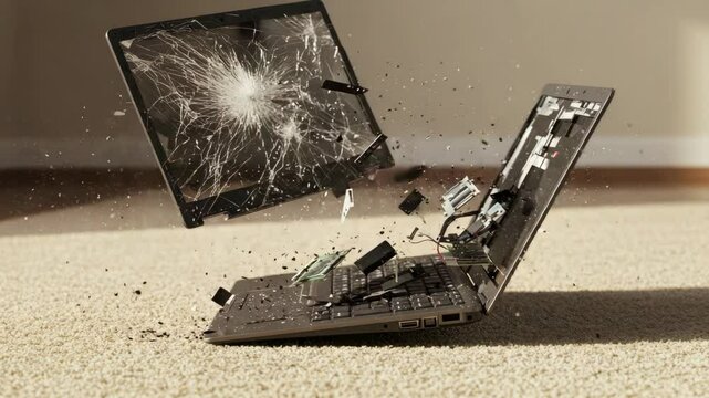 Exploding Laptop Computer - A laptop computer explodes into numerous pieces, with the screen shattering and internal components flying through the air. The debris is scattered on a beige carpet.