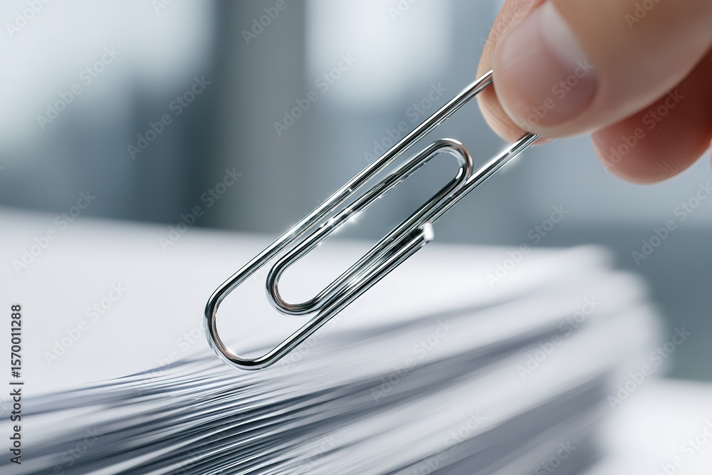 Poster hand holding a paperclip above a stack of documents in an office setting during the daytime