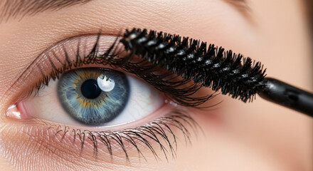 Applying mascara close up for long lashes and eye makeup beauty tutorial and cosmetic product shot