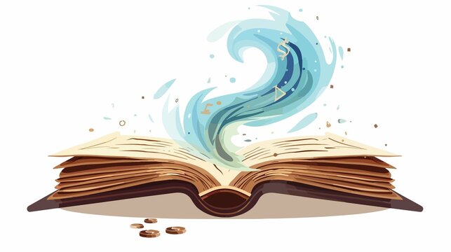Discover enchanting stories with an open book emitting a swirl of vibrant blue energy and symbols, creating an imaginative concept.