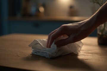 Hand gently touching a folded napkin on a wooden table in a cozy kitchen during evening hours