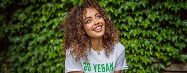 The joyful woman promoting veganism in an outdoor setting surrounded by greenery.