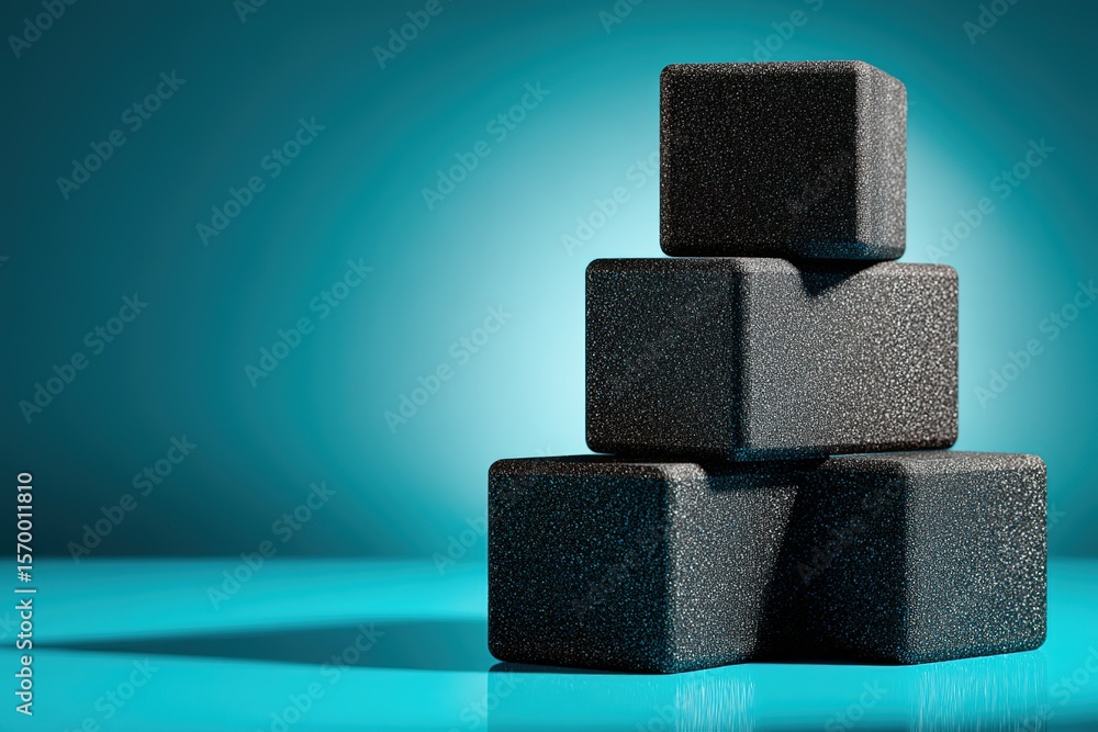 Poster stack of black foam blocks arranged neatly on a vibrant blue background highlighting texture and sha