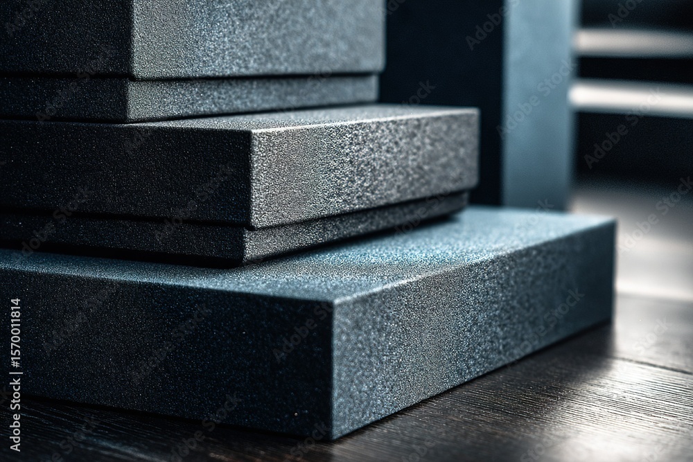 Poster stacked foam blocks showcasing texture and design in a modern interior space during daylight hours