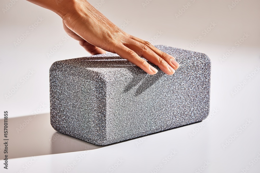 Poster hand resting on a textured gray block during a creative design process in a modern studio