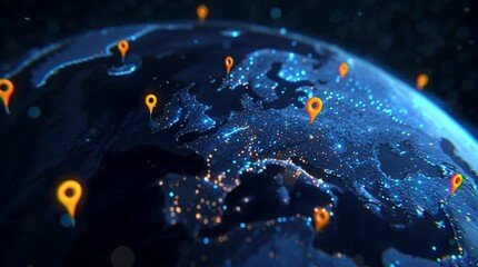 Globe view with orange location pins scattered across continents and city lights visible below - Powered by Adobe