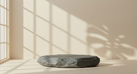 Minimalist Stone Podium Background with Leaf Shadow for Natural Product Display.