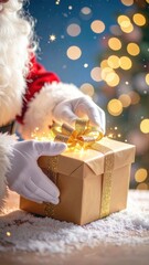 Santa claus holding a gift box with a gold ribbon and a bow