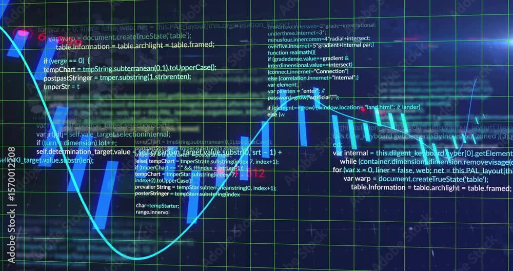 Poster on grid loading, histogram bars emerging, cyan curve sweeping as code scrolling visualizing data