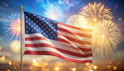 Fireworks and a american flag with a sky background