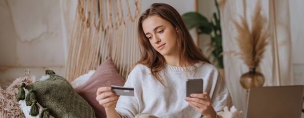 The young woman thoughtfully compares payment options at home.