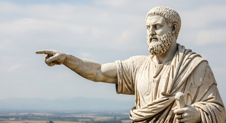 Ancient greek philosopher statue marble sculpture historical figure pointing the way direction leadership