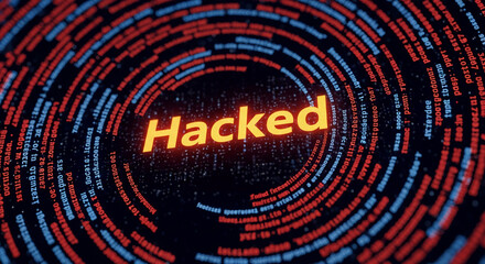 Cybersecurity image showing "Hacked" in glowing orange letters surrounded by swirling red and blue code, symbolizing data breach and digital vulnerability
