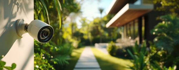 The security camera overlooking a serene pathway in a modern residential area.