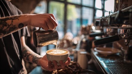 The Barista Skillfully Pouring Latte Art into a Cup