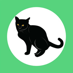 A striking vector illustration of a black and white cat with bright orange eyes, captured in an angry or aggressive pose, with its mouth open