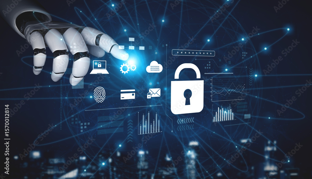 Poster ai-powered lock system showing advanced cybersecurity, identity verification, and data protection an