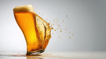 The golden beer glass splashing with refreshing liquid droplets.