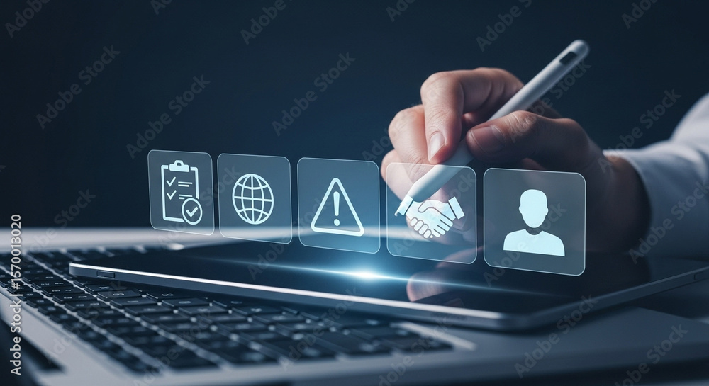 Poster hand using stylus on laptop with checklist globe alert handshake and user icons appearing above