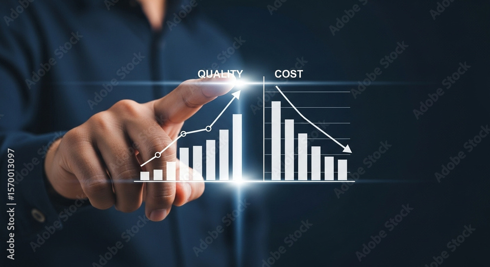 Poster hand pointing at increasing quality graph and decreasing cost graph on a dark blue background