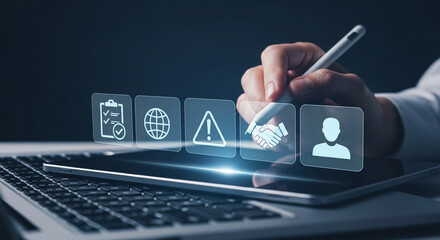 Hand using stylus on laptop with checklist globe alert handshake and user icons appearing above