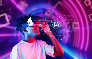 A young individual engages with cutting-edge virtual reality technology, showcasing artificial...